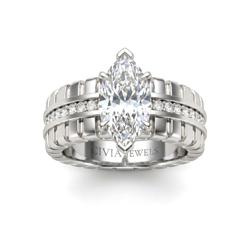 Silver Marquise Diamond Engagement Ring With Ribbed Multirow Band