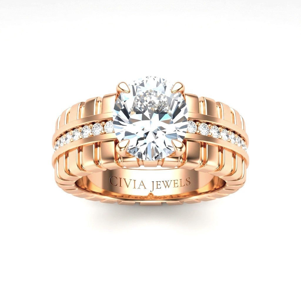 Rose Gold Oval Diamond Engagement Ring With Ribbed Multirow Band