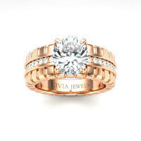 Rose Gold Oval Diamond Engagement Ring With Ribbed Multirow Band