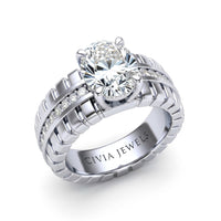 White Gold Oval Diamond Engagement Ring With Ribbed Multirow Band