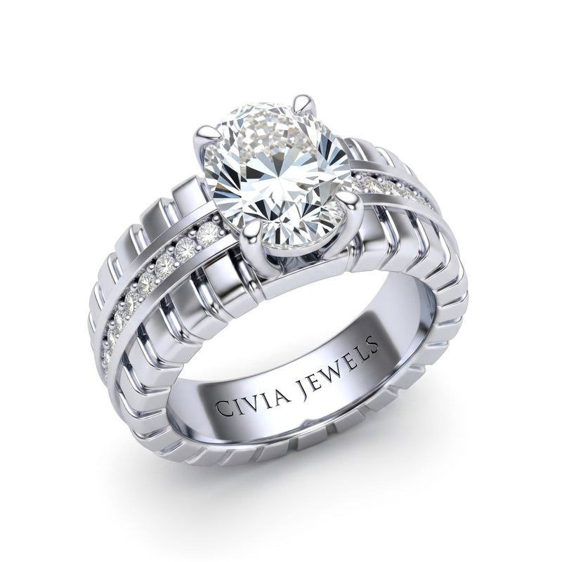 Silver Oval Diamond Engagement Ring With Ribbed Multirow Band
