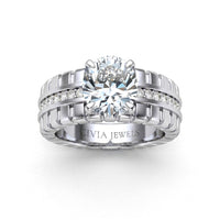White Gold Oval Diamond Engagement Ring With Ribbed Multirow Band