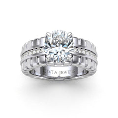 White Gold Oval Diamond Engagement Ring With Ribbed Multirow Band