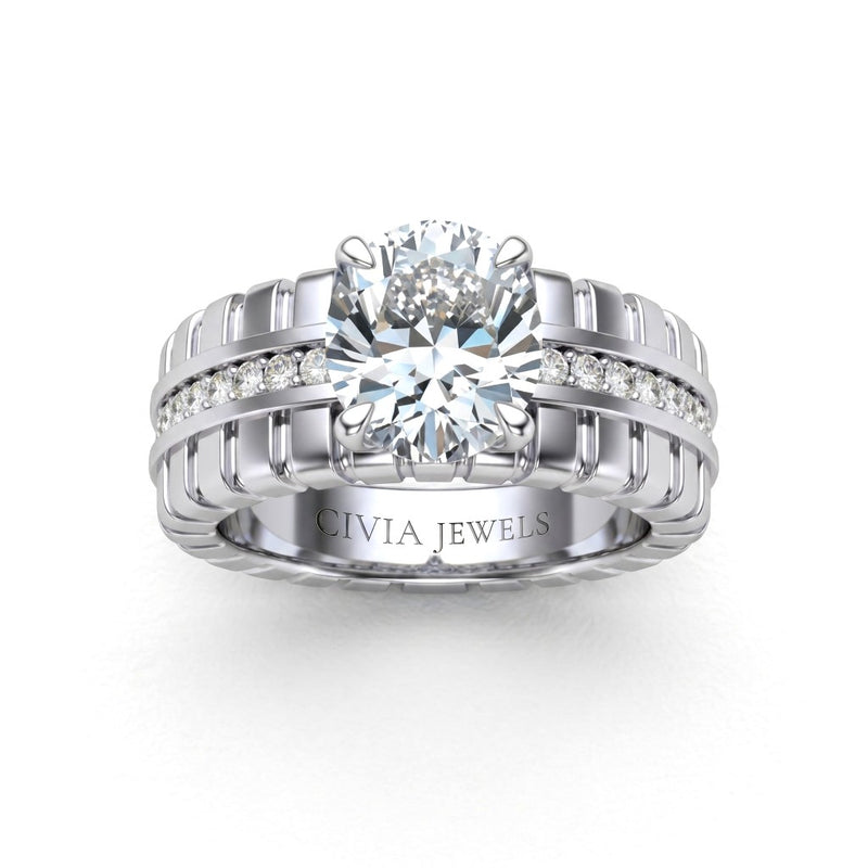 Silver Oval Diamond Engagement Ring With Ribbed Multirow Band