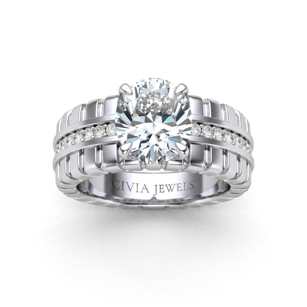 Silver Oval Diamond Engagement Ring With Ribbed Multirow Band