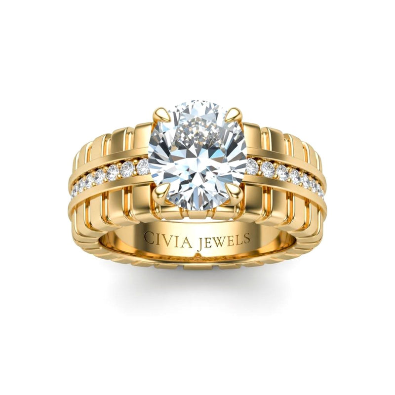 Yellow Gold Oval Diamond Engagement Ring With Ribbed Multirow Band