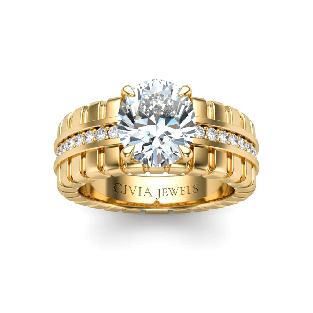 Yellow Gold Oval Diamond Engagement Ring With Ribbed Multirow Band