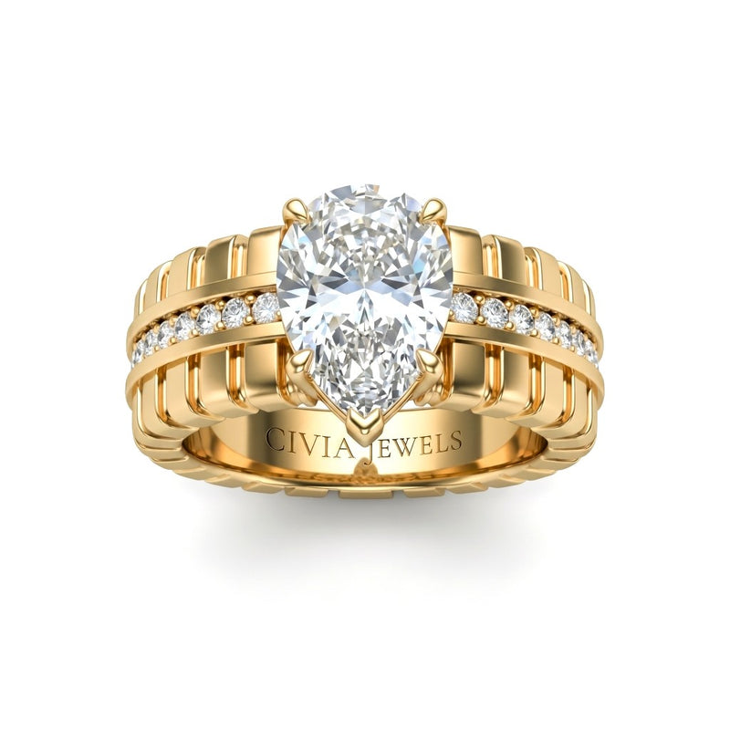 Yellow Gold Pear Diamond Engagement Ring With Ribbed Multirow Band