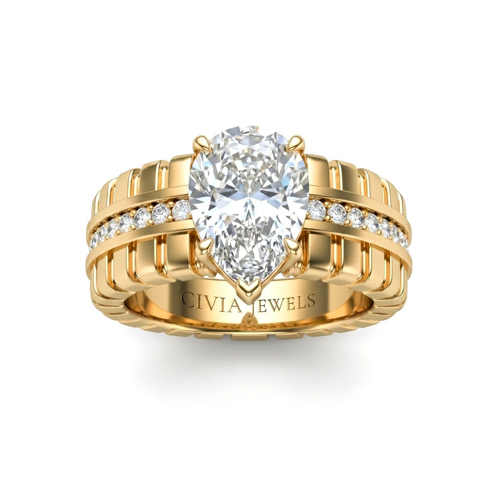 Yellow Gold Pear Diamond Engagement Ring With Ribbed Multirow Band