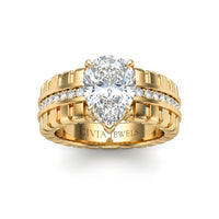 Yellow Gold Pear Diamond Engagement Ring With Ribbed Multirow Band