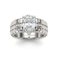 White Gold Pear Diamond Engagement Ring With Ribbed Multirow Band