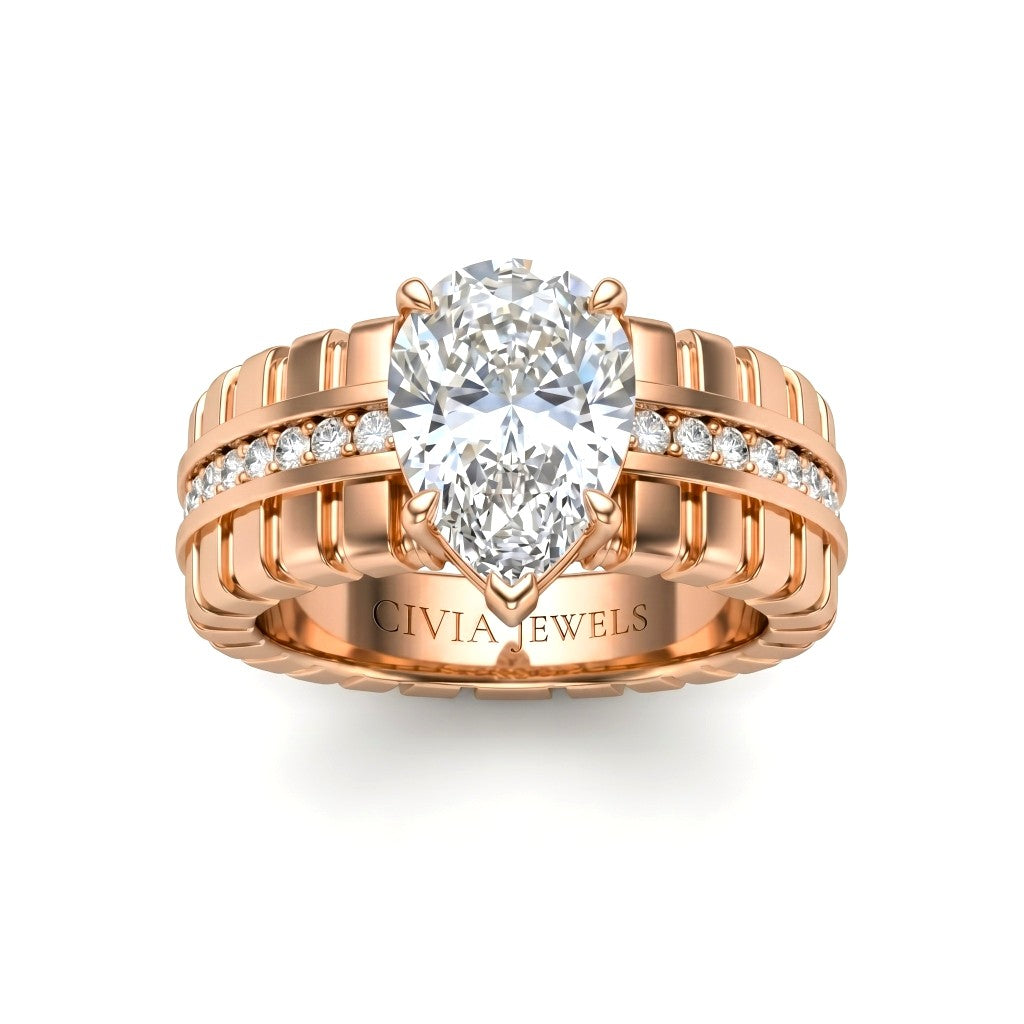 Rose Gold Pear Diamond Engagement Ring With Ribbed Multirow Band