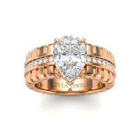 Rose Gold Pear Diamond Engagement Ring With Ribbed Multirow Band
