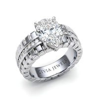 White Gold Pear Diamond Engagement Ring With Ribbed Multirow Band
