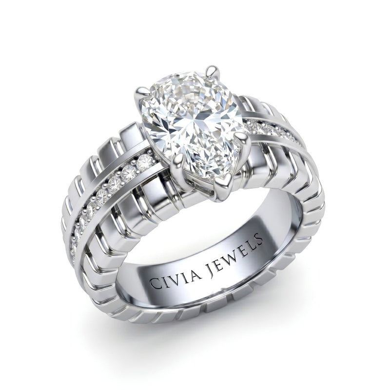 Silver Pear Diamond Engagement Ring With Ribbed Multirow Band
