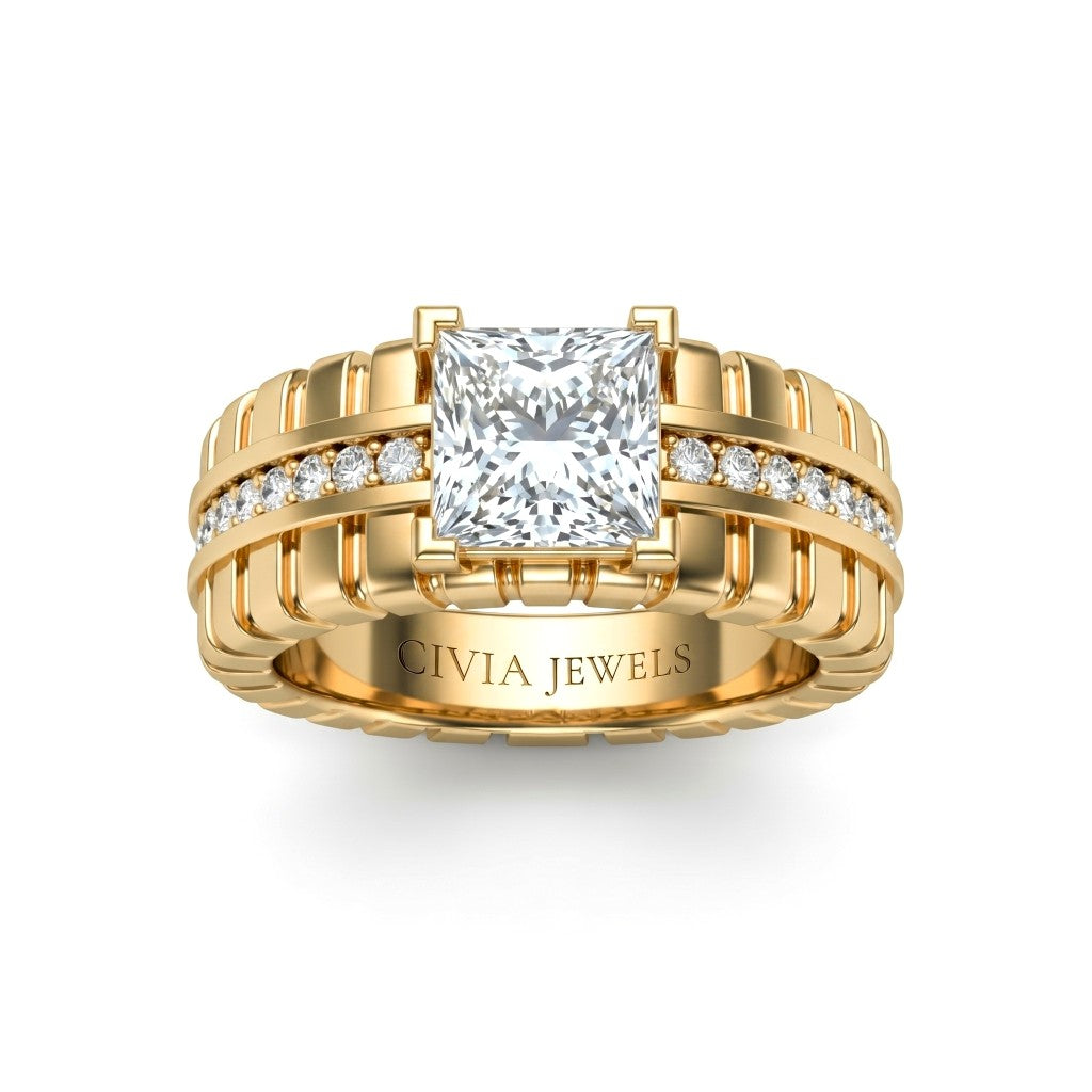Yellow Gold Princess Diamond Engagement Ring With Ribbed Multirow Band