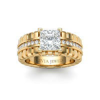 Yellow Gold Princess Diamond Engagement Ring With Ribbed Multirow Band