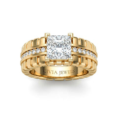 Yellow Gold Princess Diamond Engagement Ring With Ribbed Multirow Band