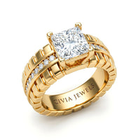 Yellow Gold Princess Diamond Engagement Ring With Ribbed Multirow Band