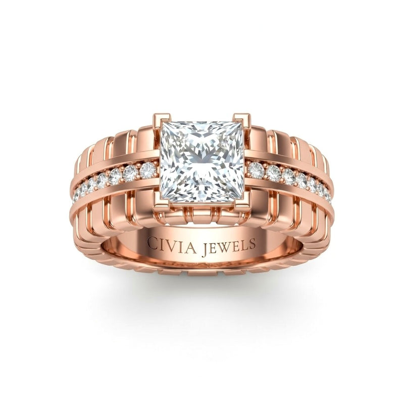 Rose Gold Princess Diamond Engagement Ring With Ribbed Multirow Band