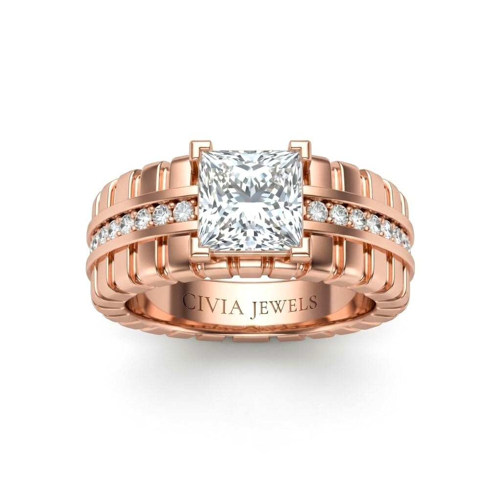 Rose Gold Princess Diamond Engagement Ring With Ribbed Multirow Band