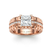 Rose Gold Princess Diamond Engagement Ring With Ribbed Multirow Band