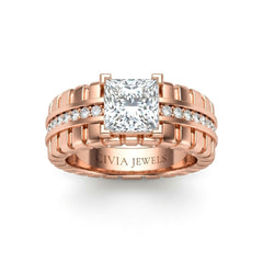 Rose Gold Princess Diamond Engagement Ring With Ribbed Multirow Band