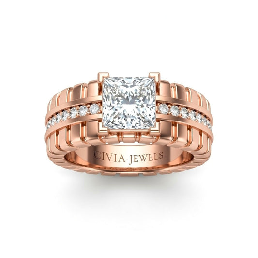 Rose Gold Princess Diamond Engagement Ring With Ribbed Multirow Band