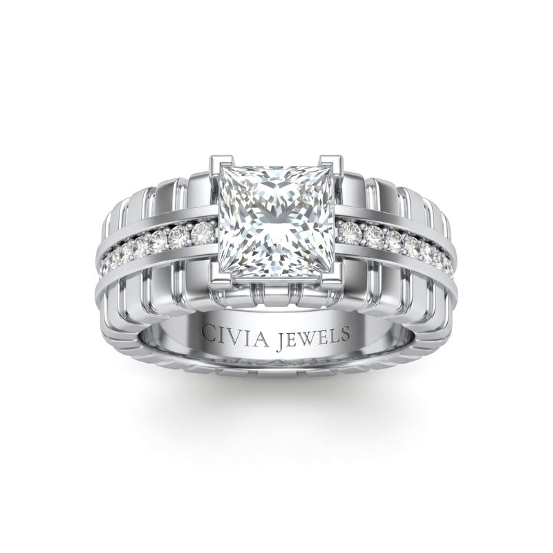 White Gold Princess Diamond Engagement Ring With Ribbed Multirow Band