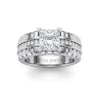White Gold Princess Diamond Engagement Ring With Ribbed Multirow Band