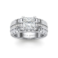 White Gold Princess Diamond Engagement Ring With Ribbed Multirow Band