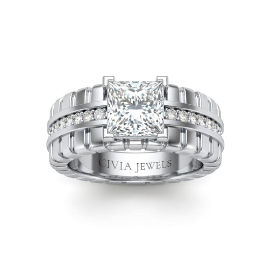 White Gold Princess Diamond Engagement Ring With Ribbed Multirow Band