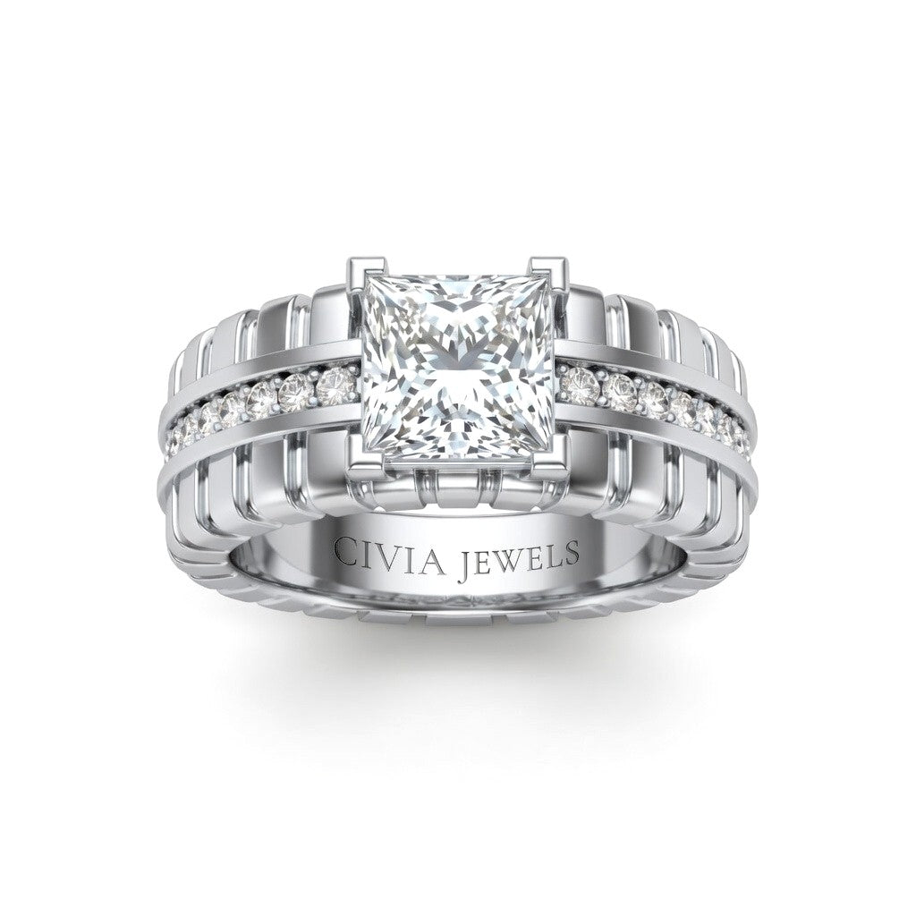 Silver Princess Diamond Engagement Ring With Ribbed Multirow Band
