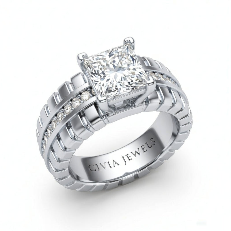 White Gold Princess Diamond Engagement Ring With Ribbed Multirow Band