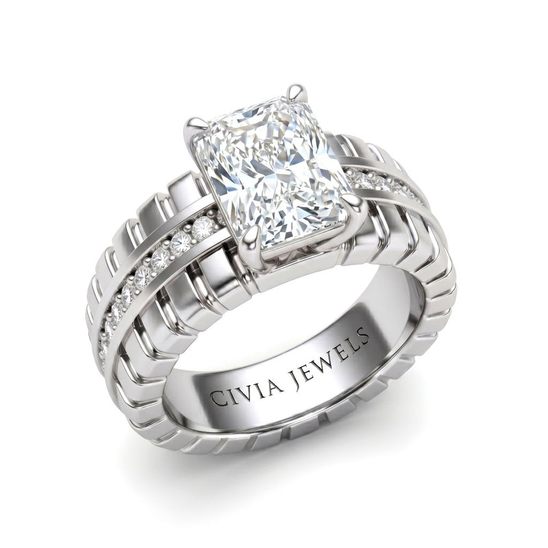 Silver Radiant Diamond Engagement Ring With Ribbed Multirow Band