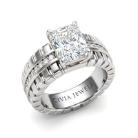 Silver Radiant Diamond Engagement Ring With Ribbed Multirow Band
