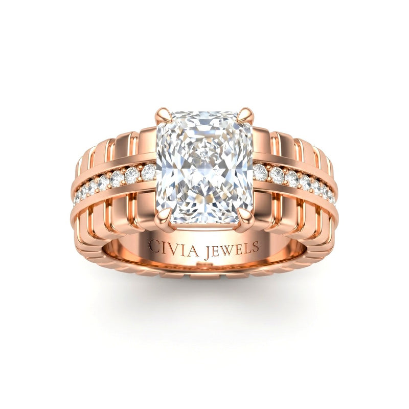Rose Gold Radiant Diamond Engagement Ring With Ribbed Multirow Band