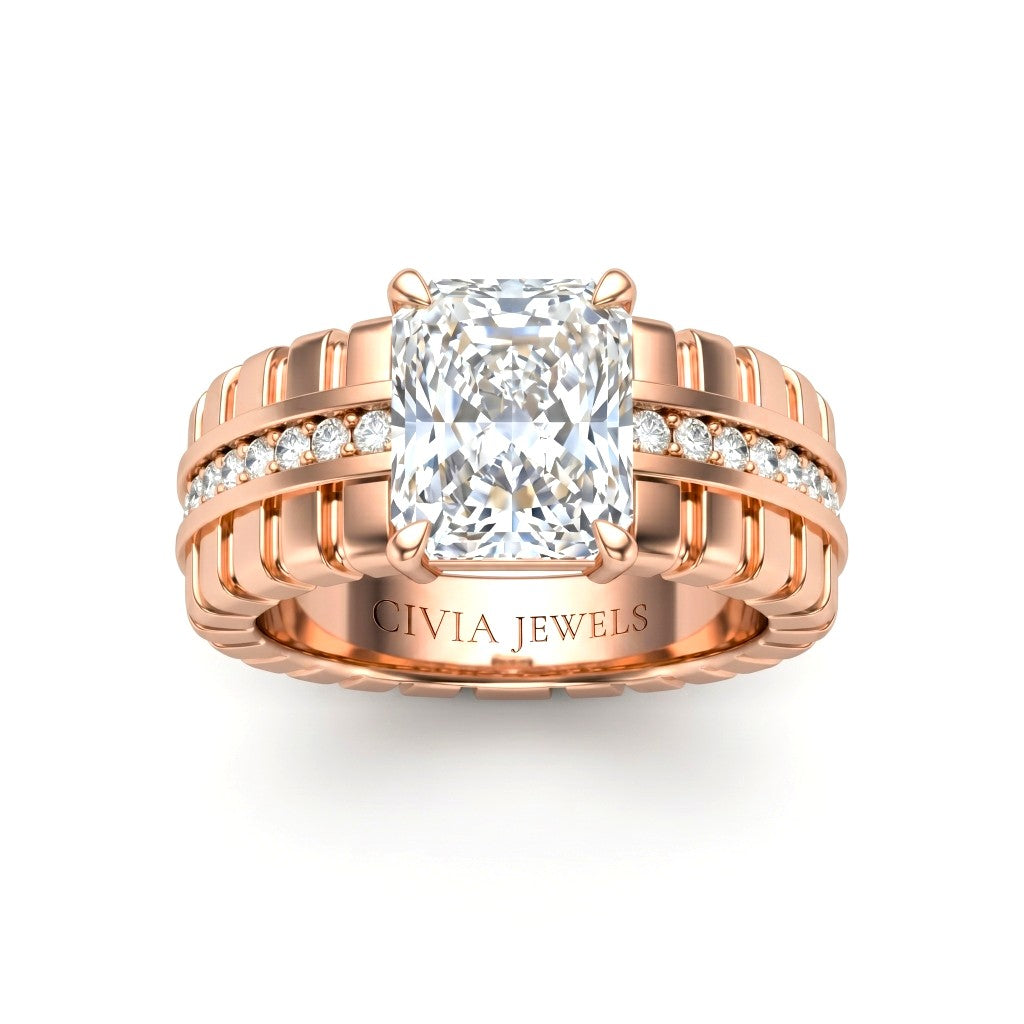 Rose Gold Radiant Diamond Engagement Ring With Ribbed Multirow Band