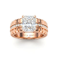 Rose Gold Radiant Diamond Engagement Ring With Ribbed Multirow Band