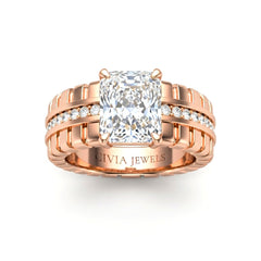 Rose Gold Radiant Diamond Engagement Ring With Ribbed Multirow Band