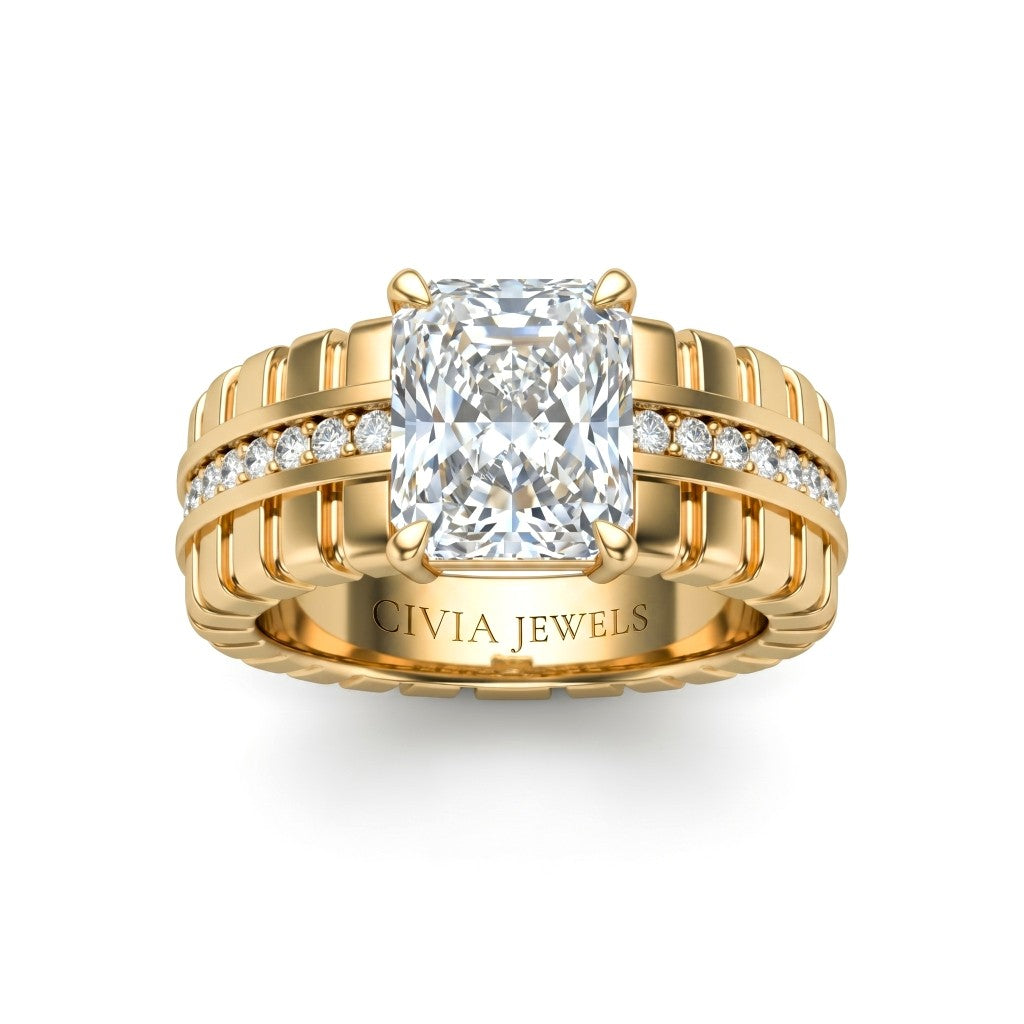 Yellow Gold Radiant Diamond Engagement Ring With Ribbed Multirow Band