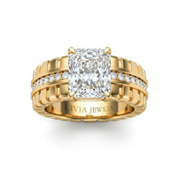 Yellow Gold Radiant Diamond Engagement Ring With Ribbed Multirow Band