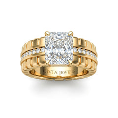 Yellow Gold Radiant Diamond Engagement Ring With Ribbed Multirow Band