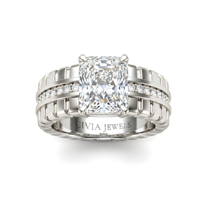 White Gold Radiant Diamond Engagement Ring With Ribbed Multirow Band