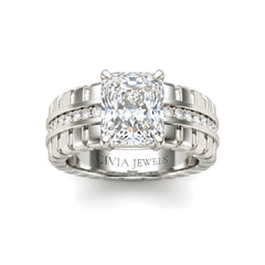 White Gold Radiant Diamond Engagement Ring With Ribbed Multirow Band