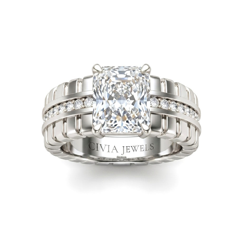 Silver Radiant Diamond Engagement Ring With Ribbed Multirow Band