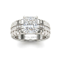 Silver Radiant Diamond Engagement Ring With Ribbed Multirow Band