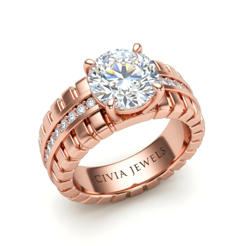 Rose Gold Round Diamond Engagement Ring With Ribbed Multirow Band