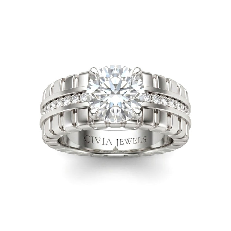 Silver Round Diamond Engagement Ring With Ribbed Multirow Band