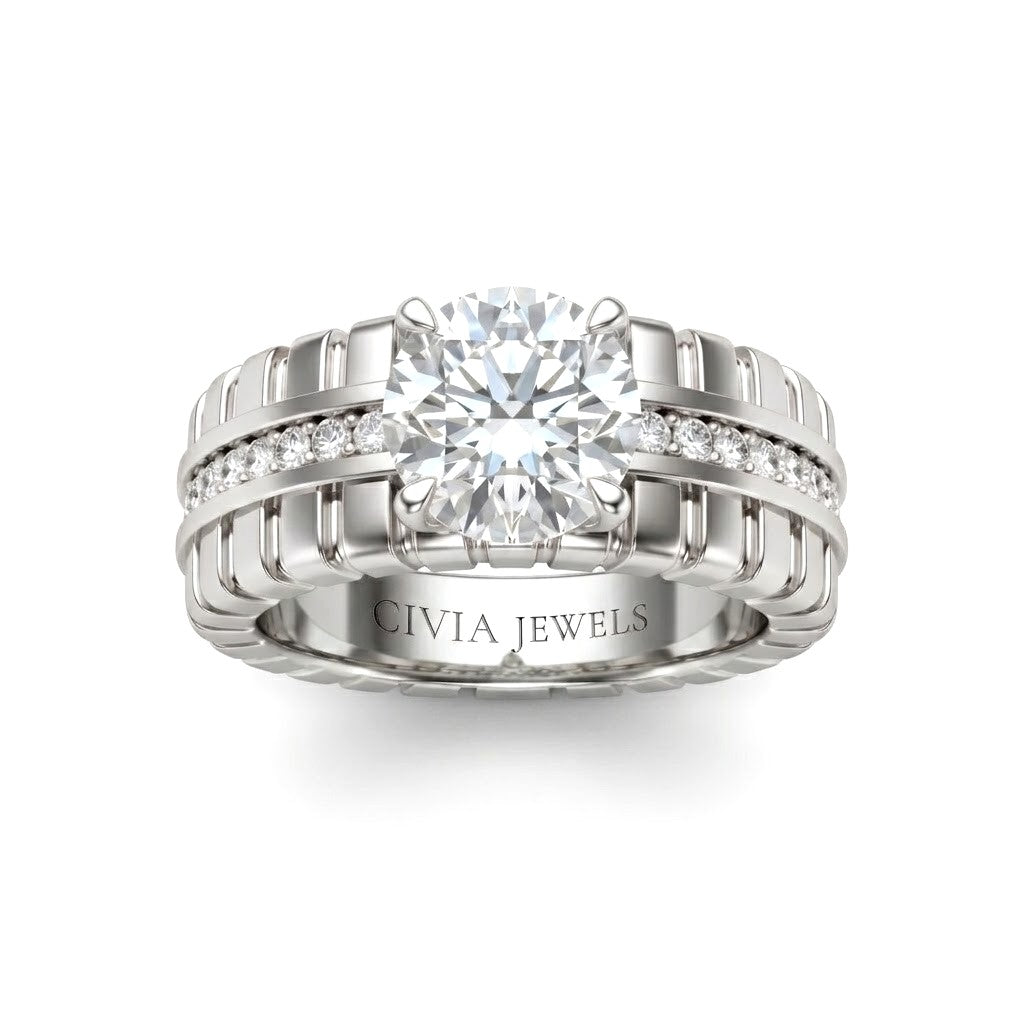 White Gold Round Diamond Engagement Ring With Ribbed Multirow Band